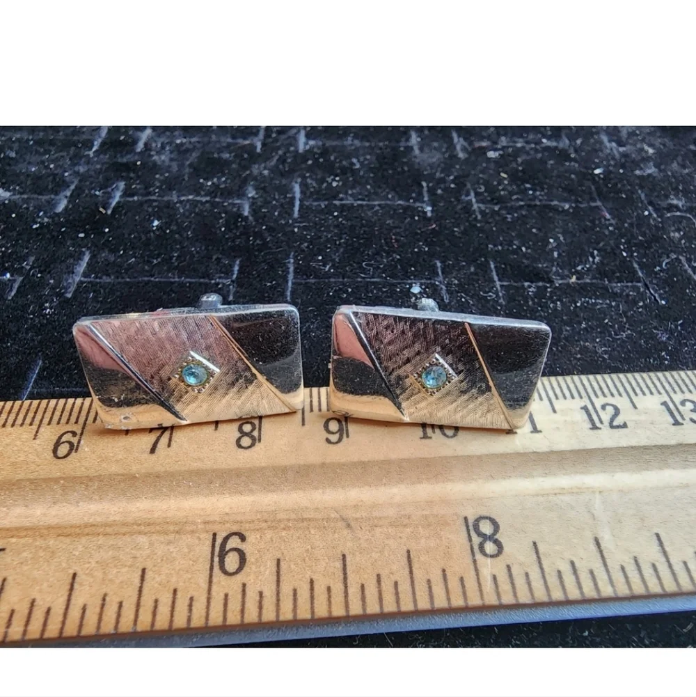 Vintage Cufflink Set Silver Tone Square Aquamarine Stone Used